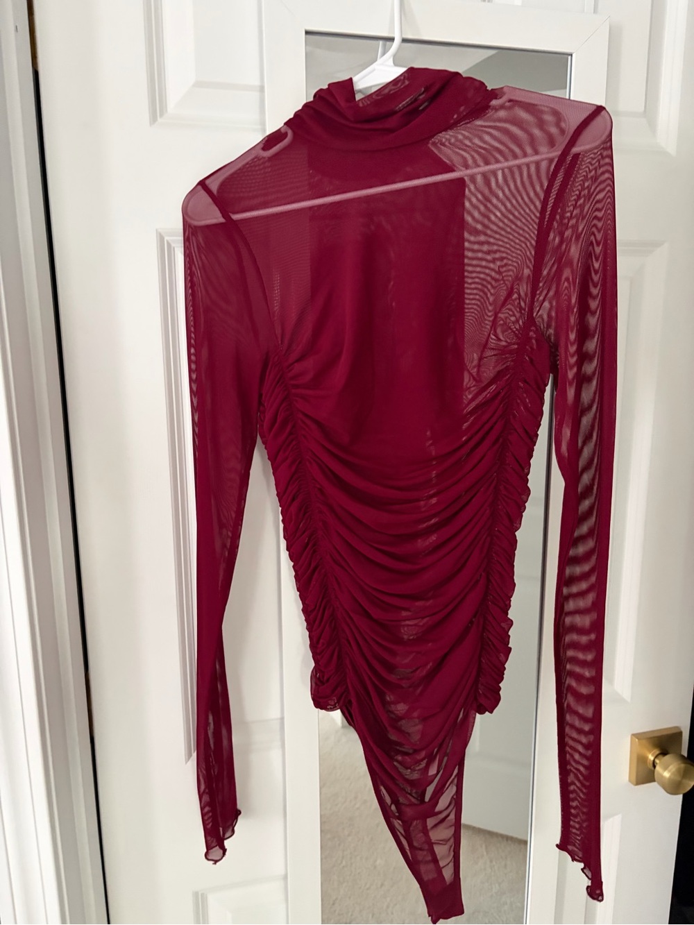 Free People Burgundy Ruched Sheer Long-Sleeve Bodysuit